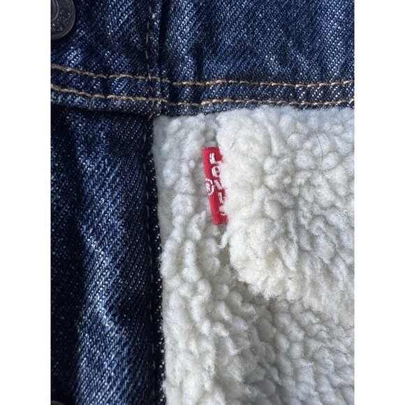 Levi’s Women's Sz L Pieced Sherpa Ex-Boyfriend Blue Trucker Jacket - Picture 7 of 15